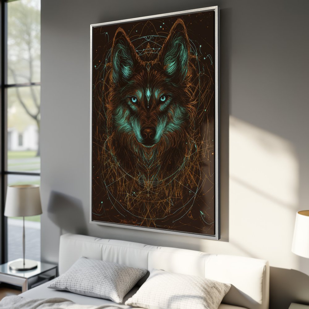 Framed Wall Art: Mystical wolf portrait in teal & orange hues. Modern canvas print for bedroom decor. Add a touch of nature-inspired art to your space!