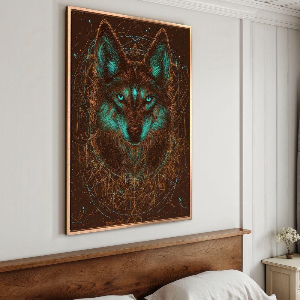 Framed Wall Art: Mystical wolf portrait in teal and gold on a brown background. Add this stunning canvas print to your home decor!