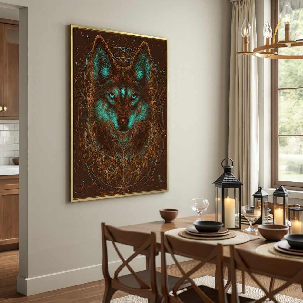 Canvas Print of a mystical wolf art in brown and teal tones, perfect for modern home decor.