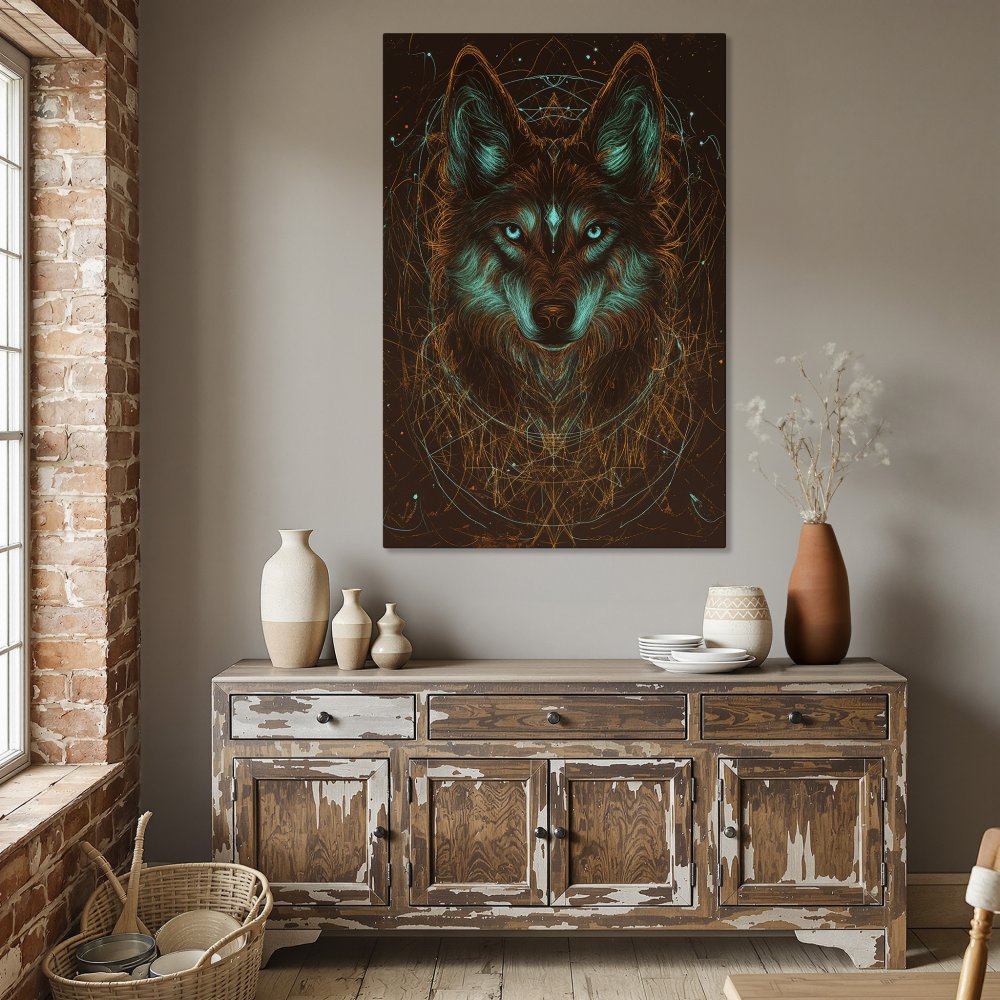 Framed Wall Art: Majestic wolf portrait in teal & brown, perfect for modern home decor. Transform your space with this captivating Canvas Print!