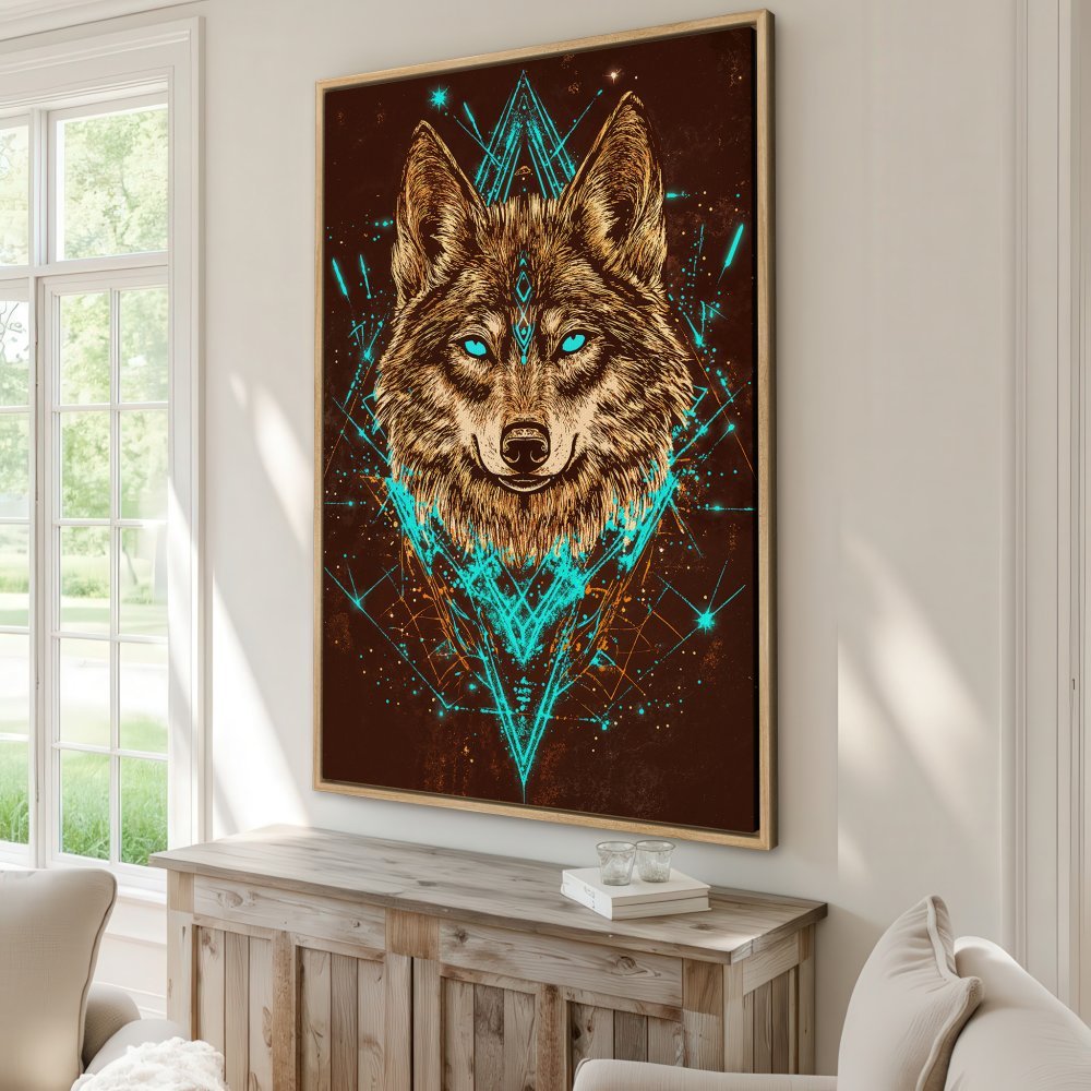 Framed Wall Art: Majestic wolf portrait in brown, teal, and gold. Modern geometric design. Perfect for a statement piece.