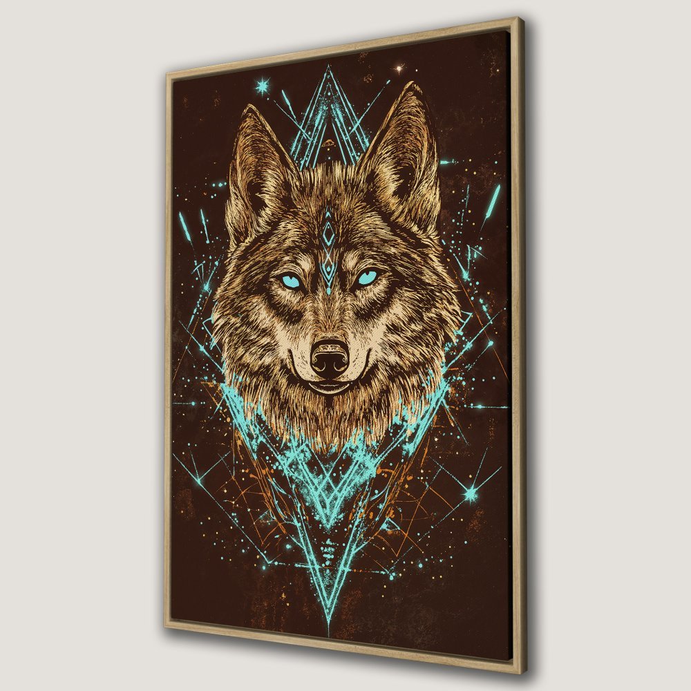 Framed Wall Art: Majestic wolf portrait in a geometric style. Earthy tones with teal accents. Add this stunning Canvas Print to your home decor!
