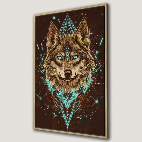 Framed Wall Art: Majestic wolf portrait in a geometric style. Earthy tones with teal accents. Add this stunning Canvas Print to your home decor!