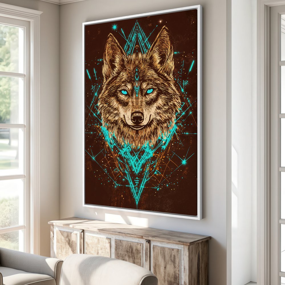 Framed Wall Art: Majestic wolf portrait canvas print in brown, teal, and gold. Modern geometric design for stylish home decor.