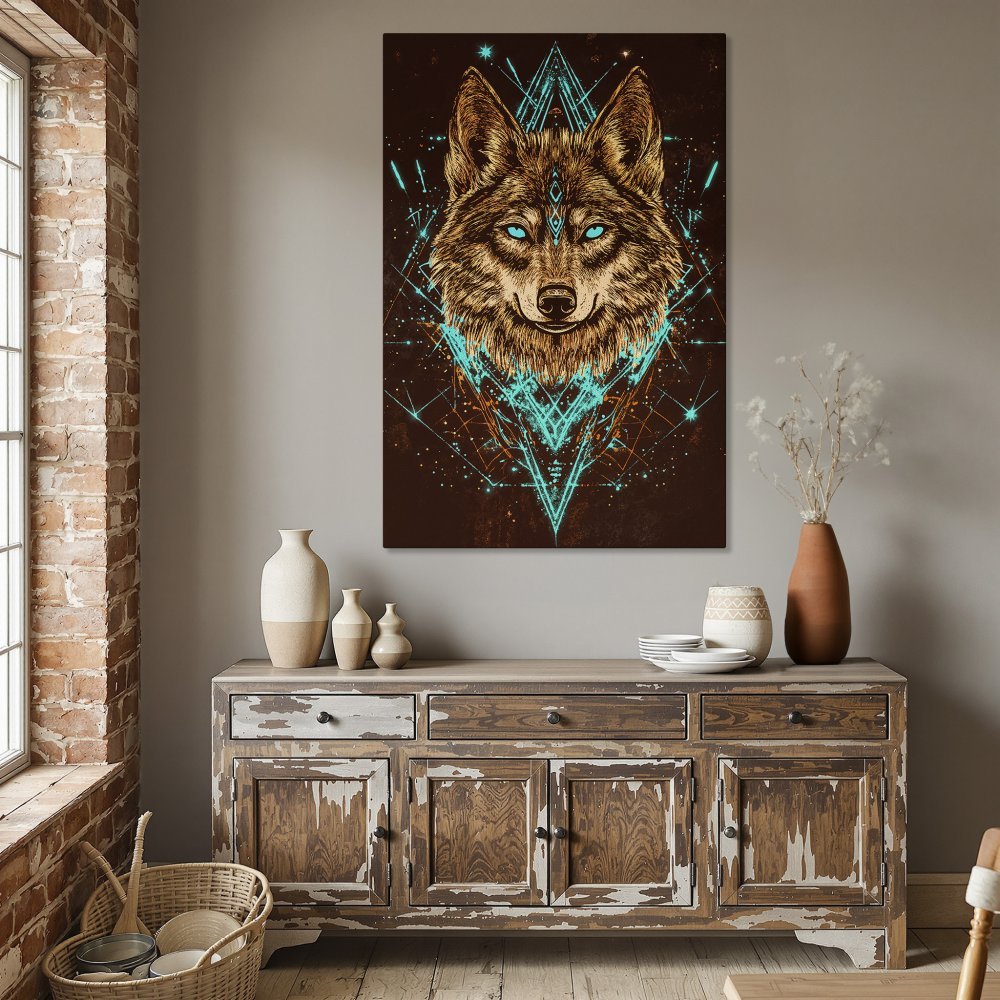 Framed Wall Art: Geometric wolf portrait in teal and brown. Modern canvas print for living room or dining room decor.