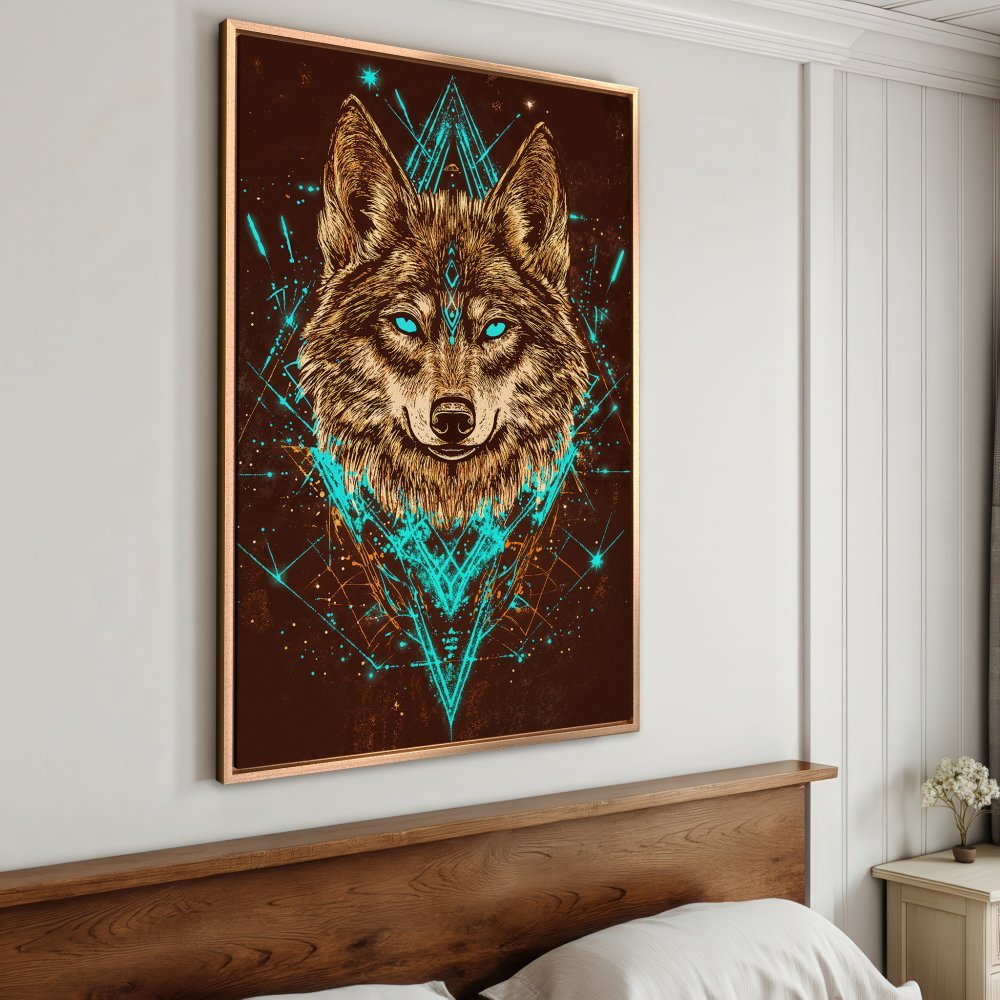 Framed Wall Art: Geometric wolf portrait with teal and brown color palette, perfect for modern home decor. Shop now!