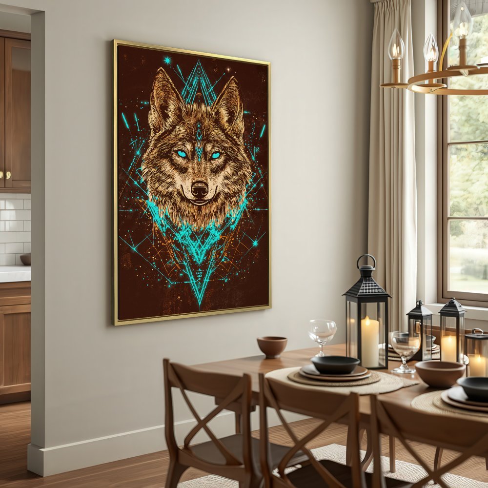Canvas Print featuring a majestic wolf with geometric accents. Earthy tones and teal highlights create a captivating, modern art piece.