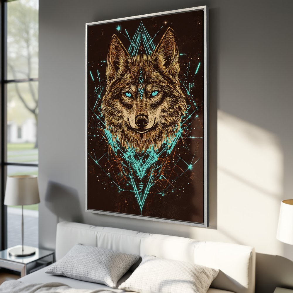 Framed Wall Art: Geometric wolf portrait in brown, teal, and gold. Modern canvas print perfect for bedroom decor.