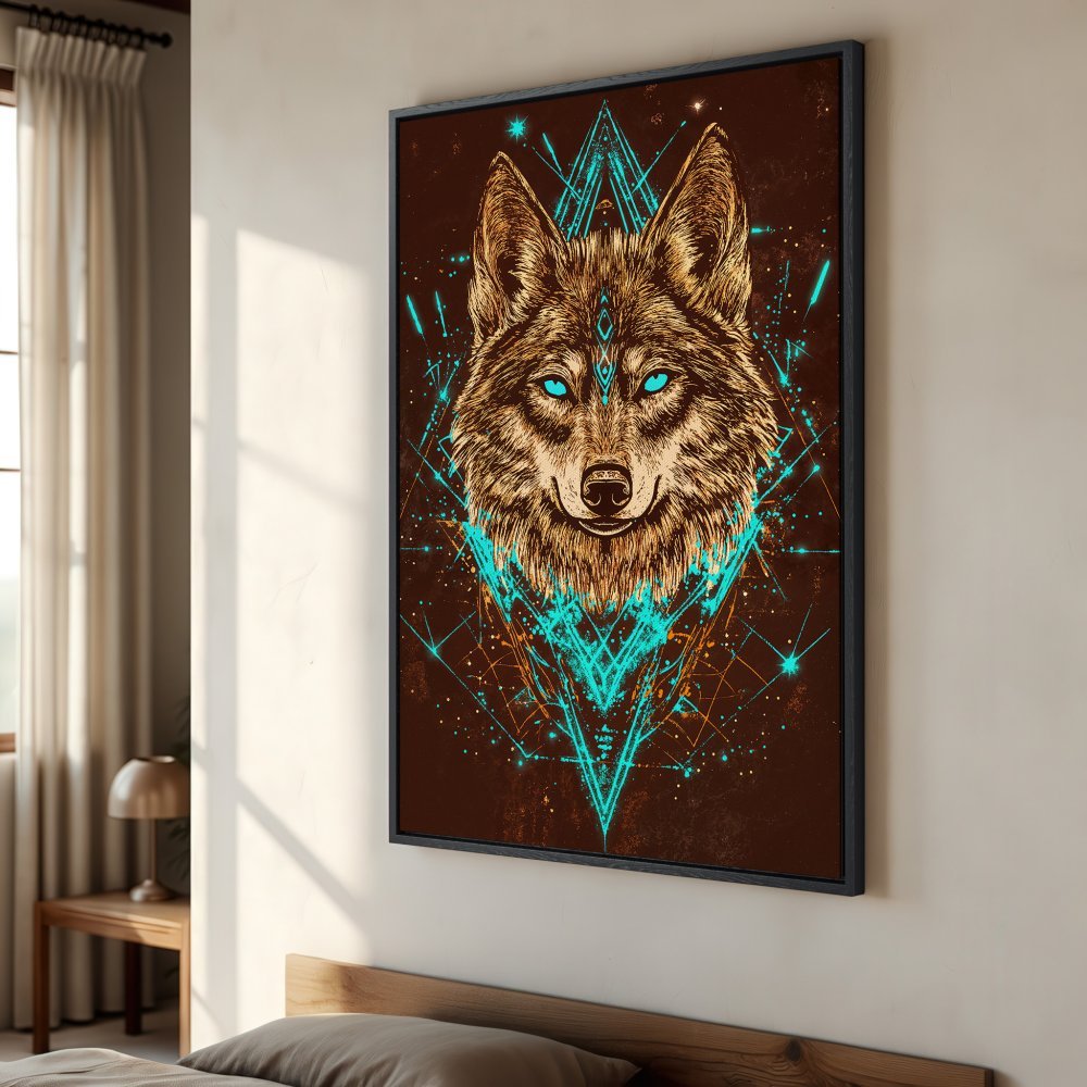 Framed Wall Art: Stunning wolf portrait in geometric style, featuring teal and brown tones. Elevate your space with this captivating Canvas Print!