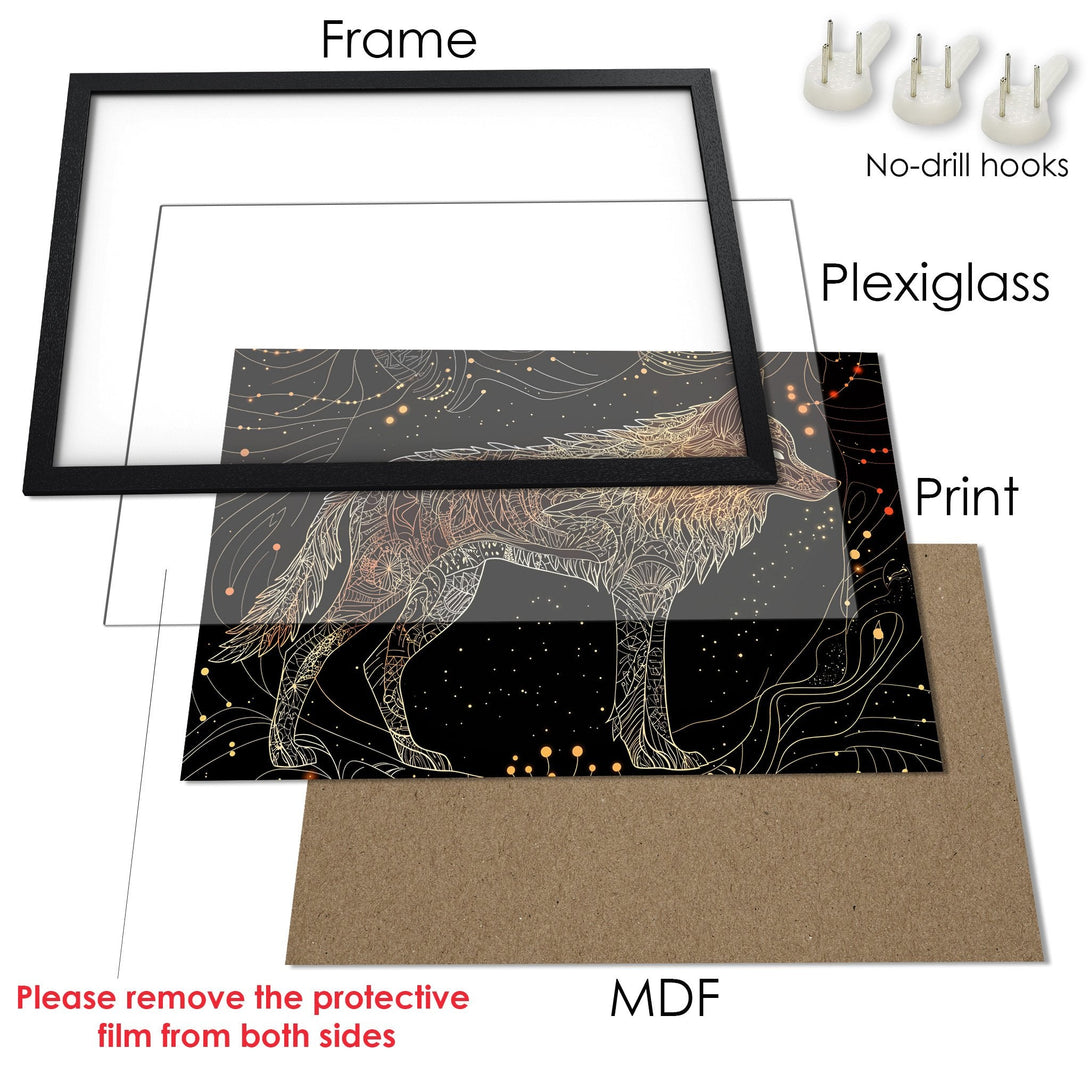 Framed Poster featuring a detailed wolf design in gold and black. Perfect wall art for any space!