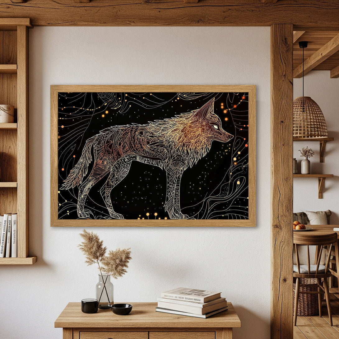 Framed Poster featuring a detailed wolf illustration in a cosmic style with gold and black color palette. Perfect wall art!