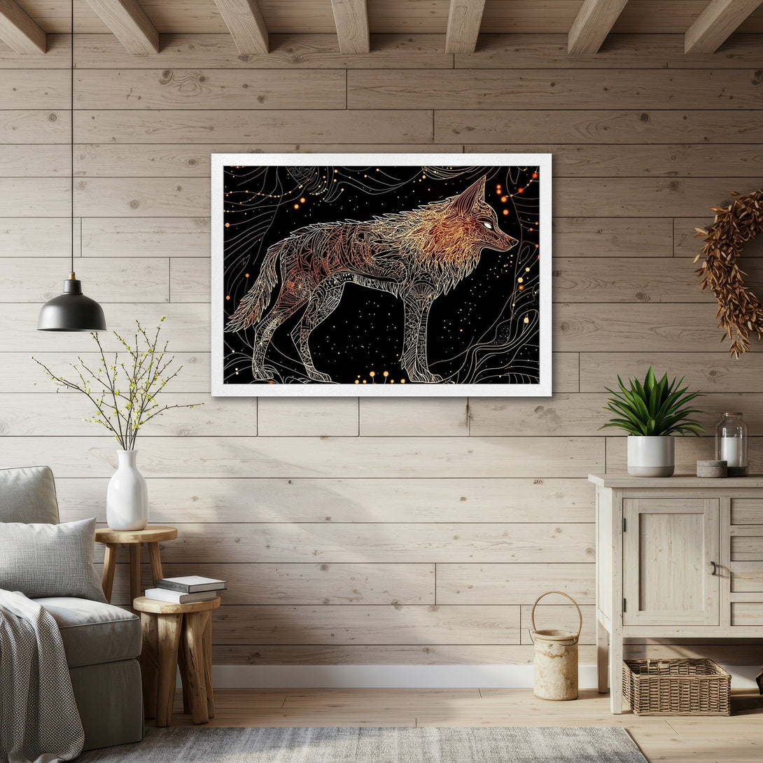 Framed Poster featuring a detailed wolf illustration in a black and gold color palette, perfect for modern home decor.