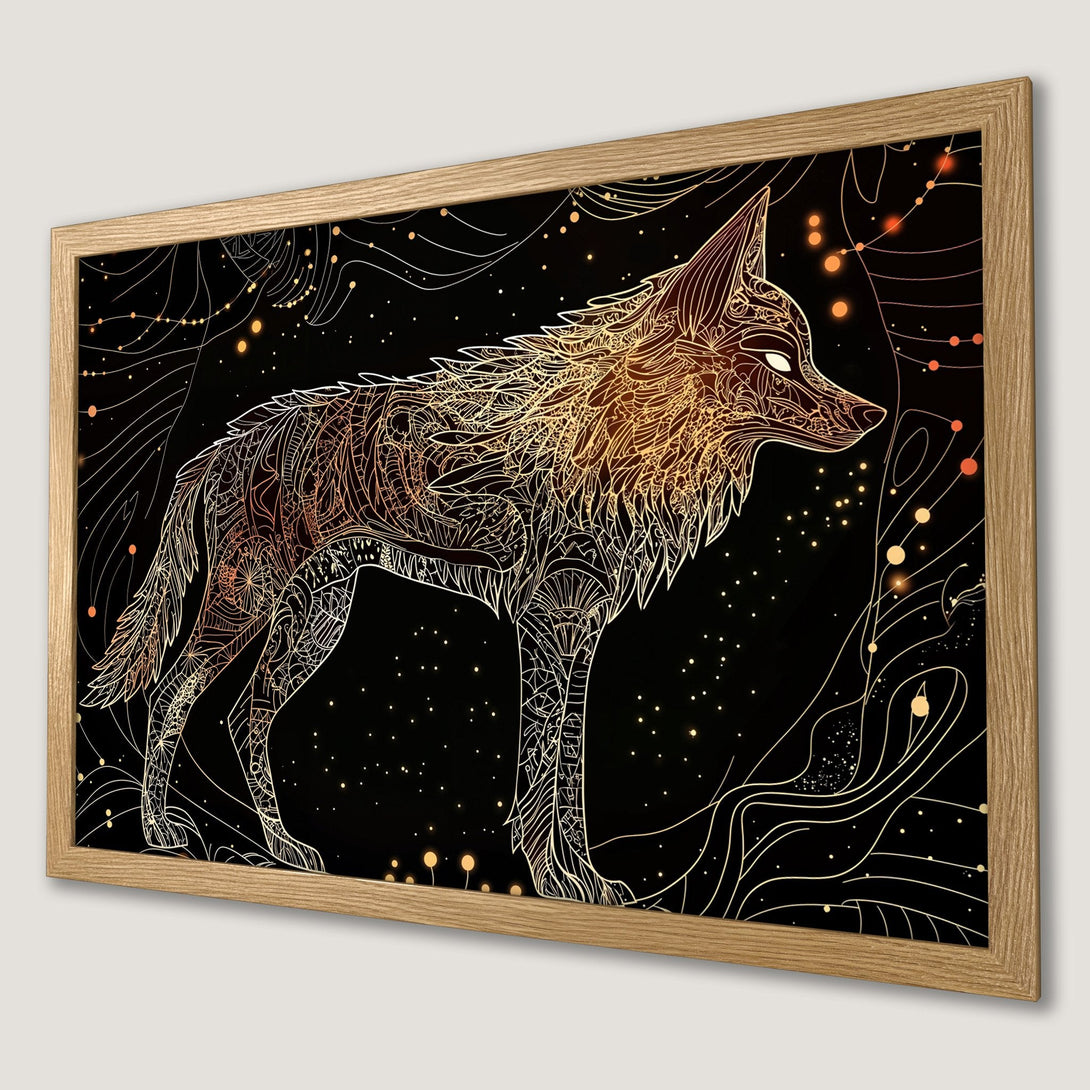 Framed Poster featuring a detailed wolf illustration in a black and gold color palette. Perfect for adding a touch of art to your space.