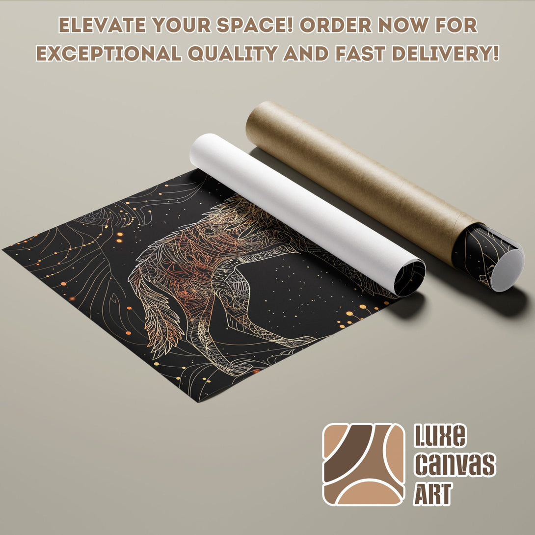 Poster Roll featuring a wolf design, black background, gold accents. Elevate your space with Luxe Canvas Art!
