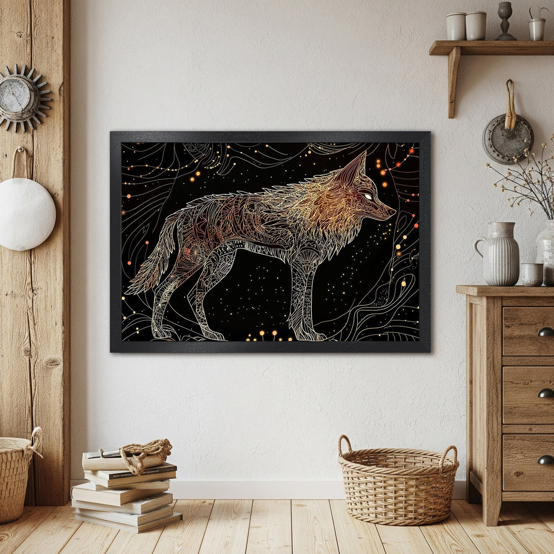 Framed Poster featuring a detailed wolf illustration in a gold and black color palette, perfect for any home decor.