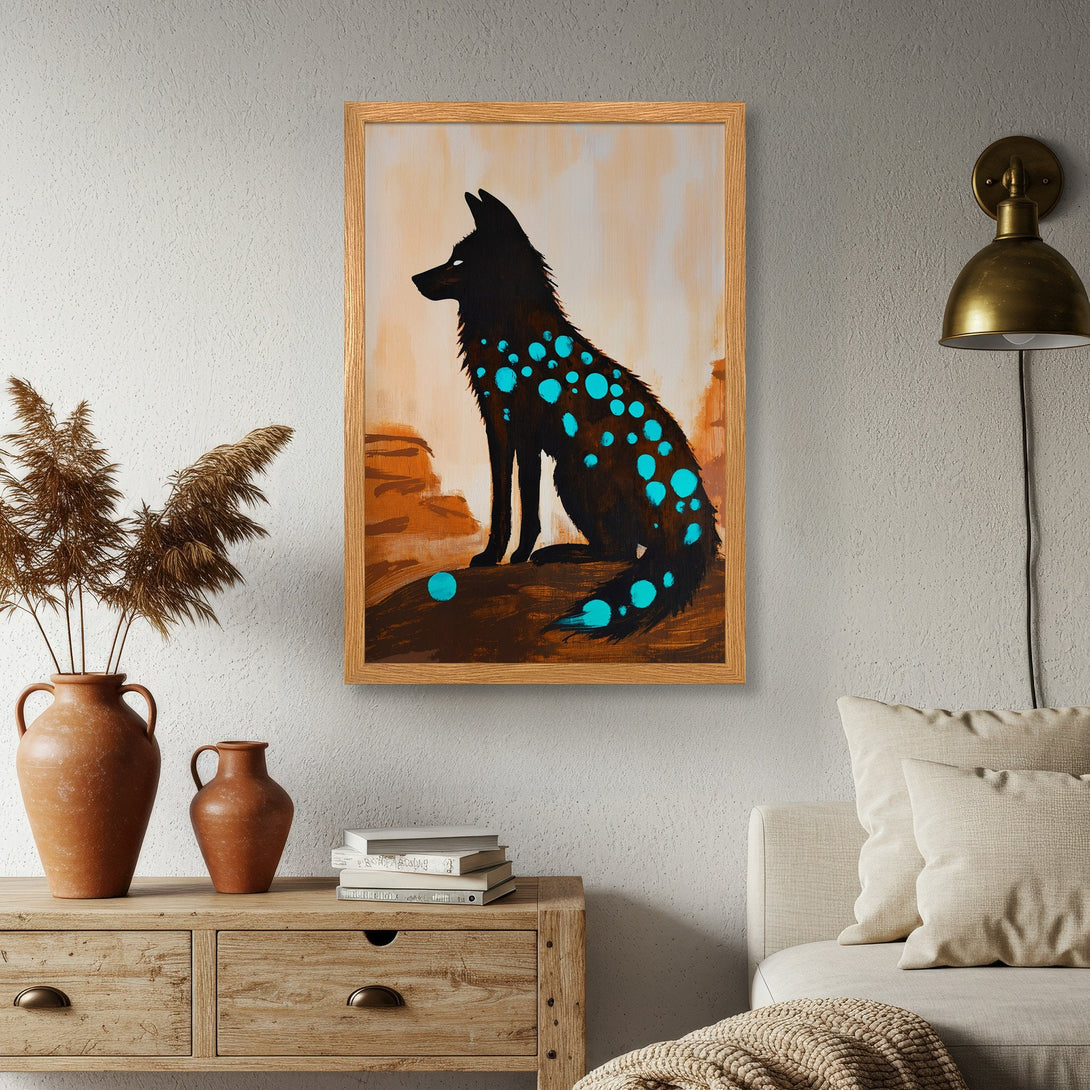Framed Poster featuring a stylized black fox with turquoise spots, warm earth-tone palette, perfect wall art.