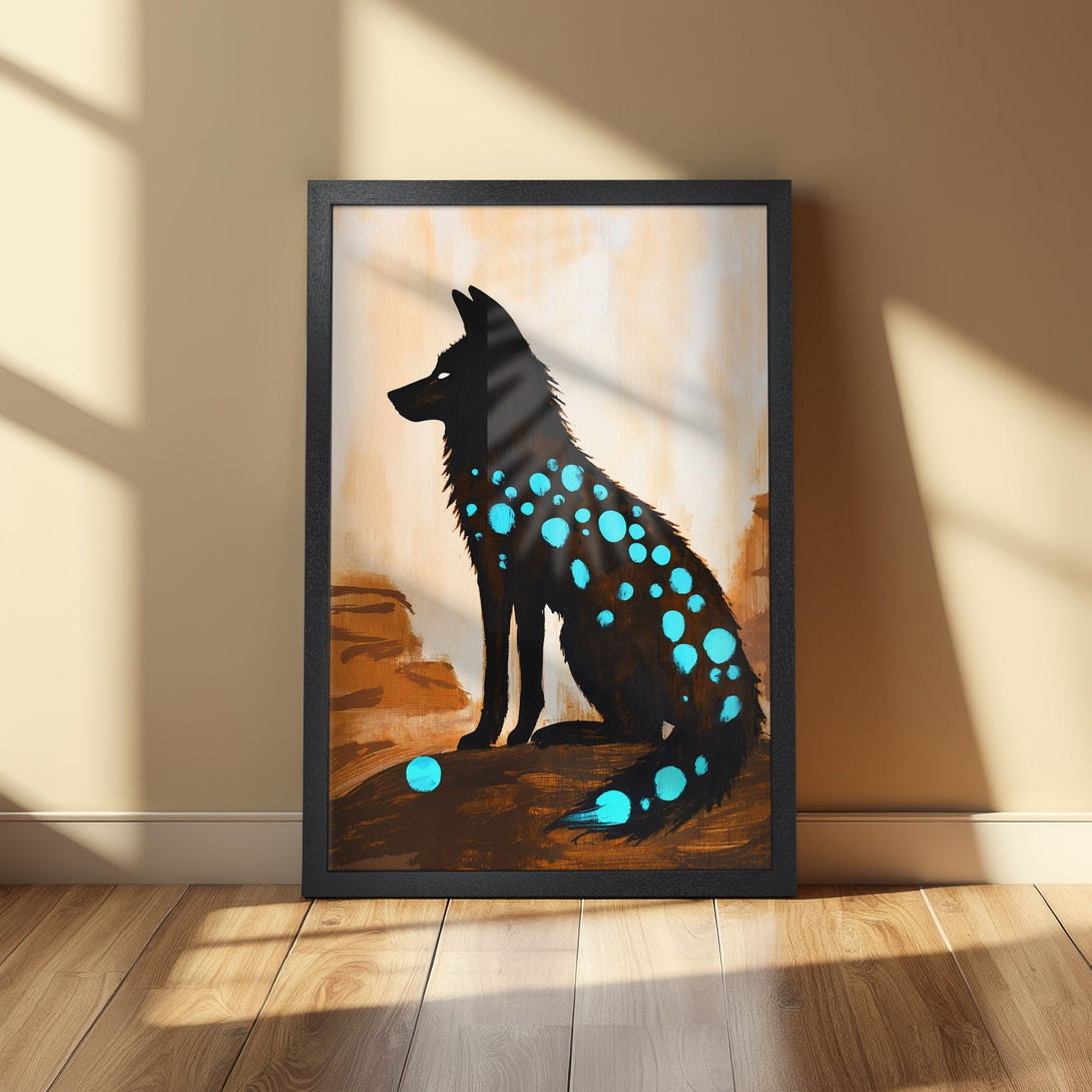Framed Poster featuring a black wolf with turquoise accents, set against an abstract, warm-toned background. Modern art print.