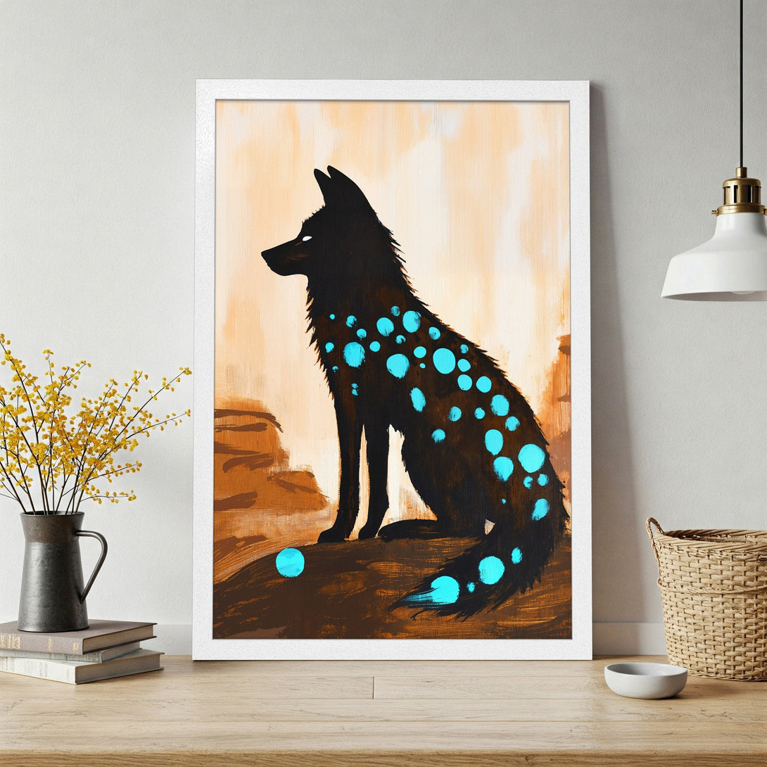 Framed Poster featuring a black wolf with turquoise accents, painted in a modern style with a warm brown and orange color palette.