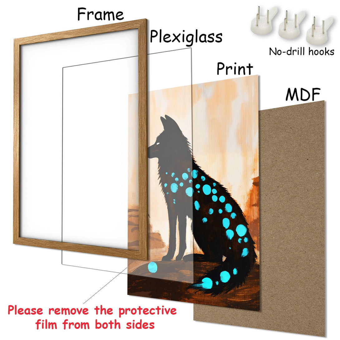 Framed Poster featuring a wolf with glowing blue accents, in a warm, earthy color palette. Perfect wall art for any space!