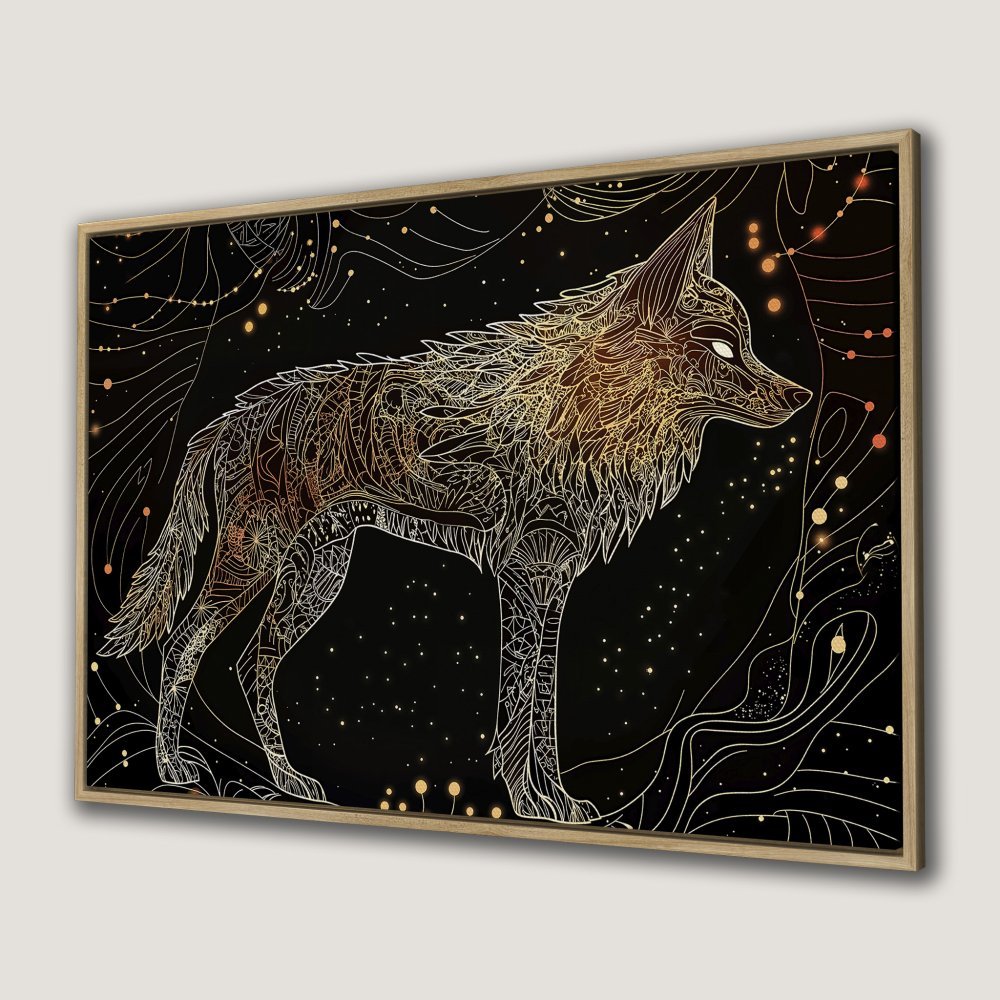 Framed Wall Art: Intricate golden wolf design on black background. Boho style Canvas Print with warm, celestial color palette. Perfect wall decor!
