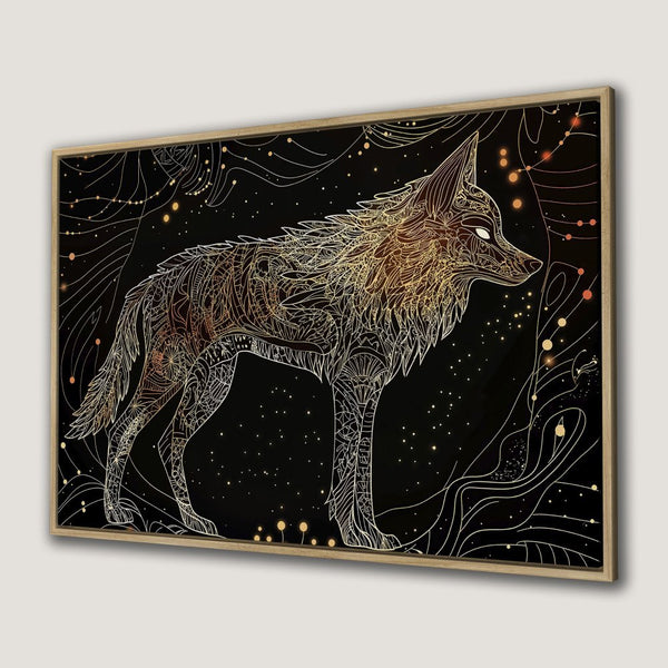Framed Wall Art: Intricate golden wolf design on black background. Boho style Canvas Print with warm, celestial color palette. Perfect wall decor!