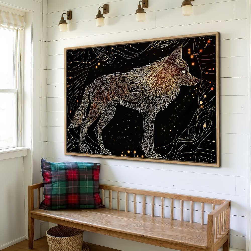 Framed Wall Art: Intricate gold wolf design on black background. Modern, bohemian style canvas print with warm, earthy tones. Perfect for home decor.