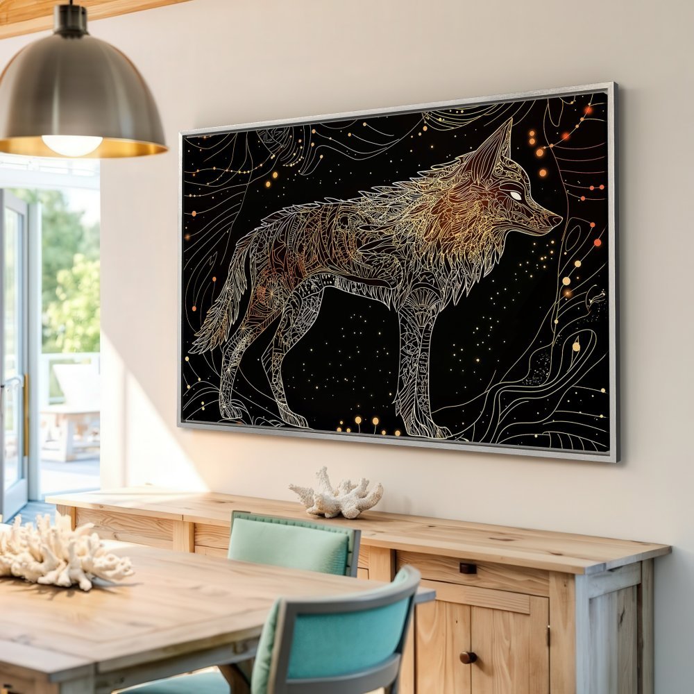 Framed Wall Art: Intricate wolf illustration in gold & white on black canvas. Perfect for modern home decor. Shop now!