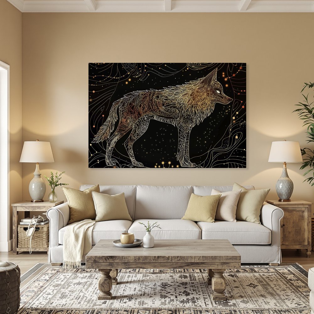 Framed Wall Art: Intricate wolf illustration in gold and white on black. Stunning art print for your home decor.