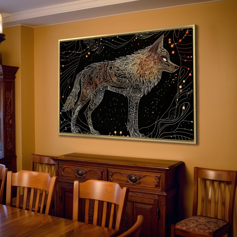 Canvas Print featuring an intricate wolf design in gold and black. Modern wall art for living room decor.