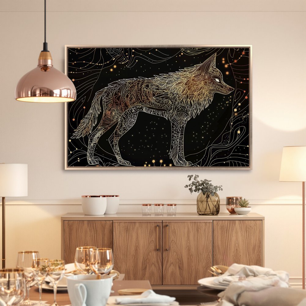 Framed Wall Art: Intricate gold wolf on black canvas. Stunning celestial design, perfect for modern home decor. Shop now!