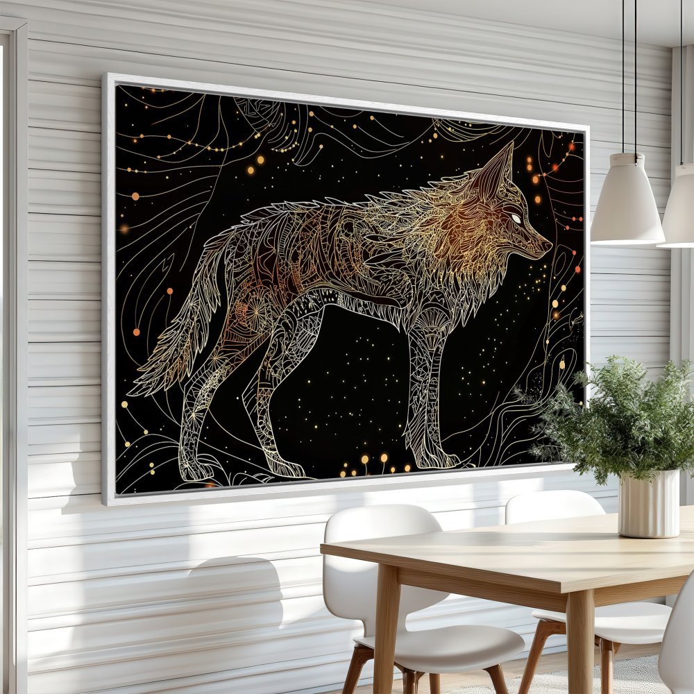 Framed Wall Art: Golden wolf illustration on black background. Modern, boho style canvas print. Adds elegance to any room.