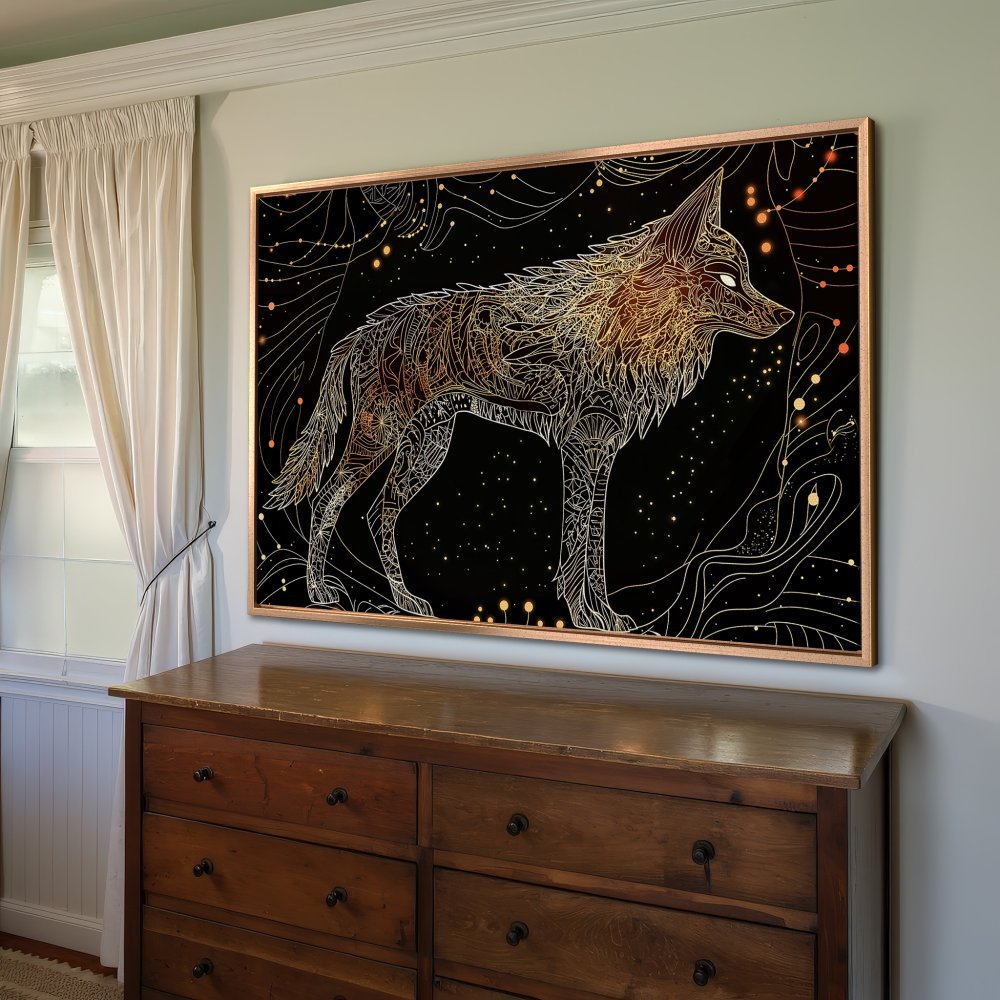 Framed Wall Art: Stunning gold wolf illustration on black canvas. Perfect for adding a touch of celestial style to your home decor.