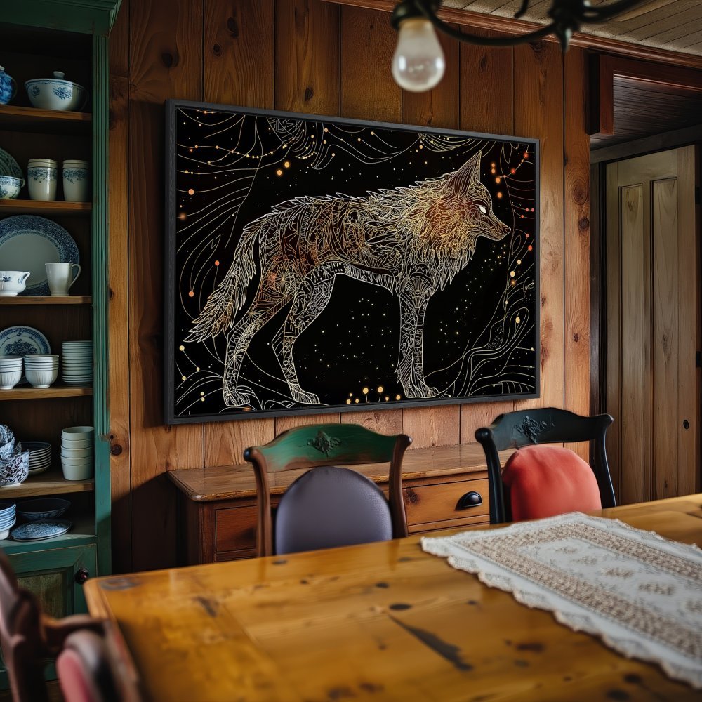 Framed Wall Art: Intricate gold wolf on black background. Modern, boho-chic canvas print in a rustic interior. Shop now!