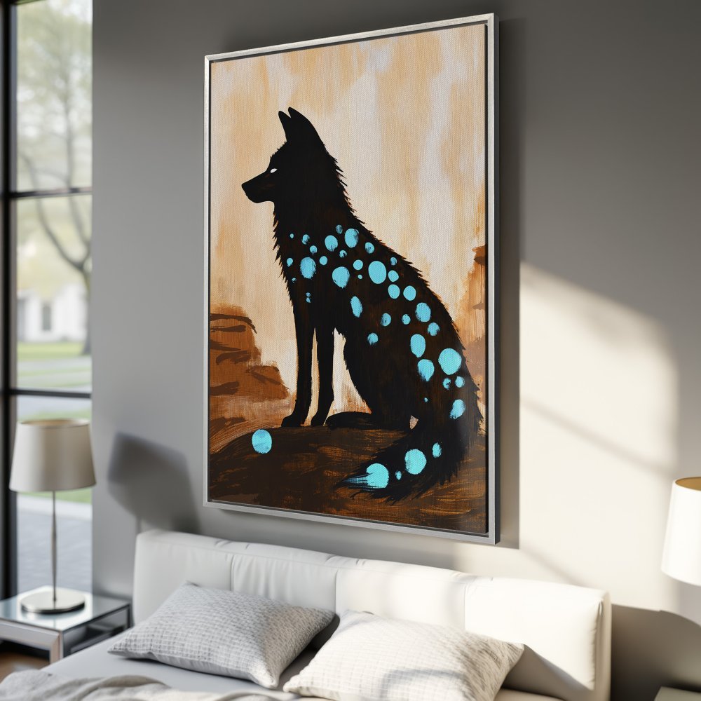 Framed Wall Art: Mystical wolf art print in black and teal. Modern canvas print with a neutral brown and beige background. Add unique style to your home!
