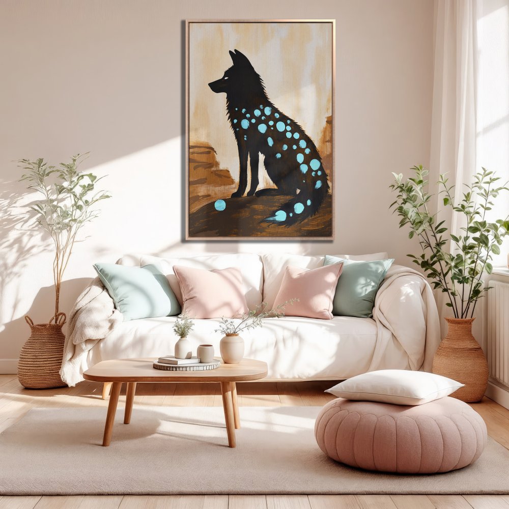 Framed Wall Art: Abstract black fox Canvas Print with teal accents. Modern art in a warm, neutral color palette. Perfect for living room decor.