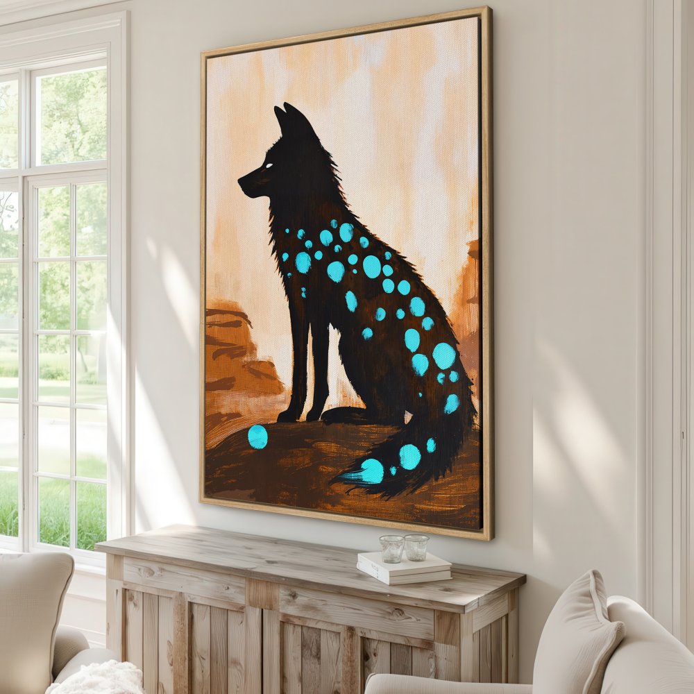 Framed Wall Art: Abstract fox illustration with teal accents on a warm brown and beige palette. Add a touch of art to your space!
