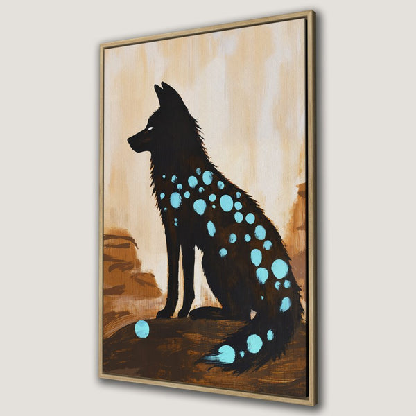 Framed Wall Art: Abstract wolf art in black, turquoise, and earth tones. Modern canvas print for stylish home decor.