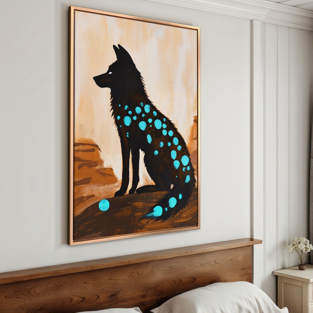 Framed Wall Art: Black wolf silhouette with teal accents, modern art style, warm brown and teal color palette, perfect for bedroom decor.