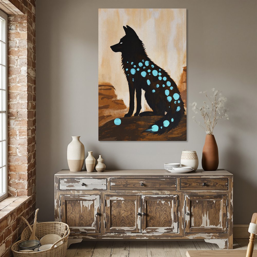 Framed Wall Art: Mystical black fox with teal accents. Modern art canvas print in a warm neutral color palette. Elevate your home decor!