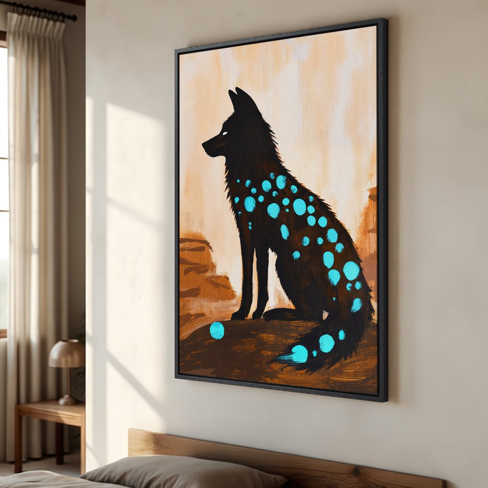 Framed Wall Art: Abstract wolf art in black and teal. Earth-toned color palette adds a unique touch to any room. Shop now!