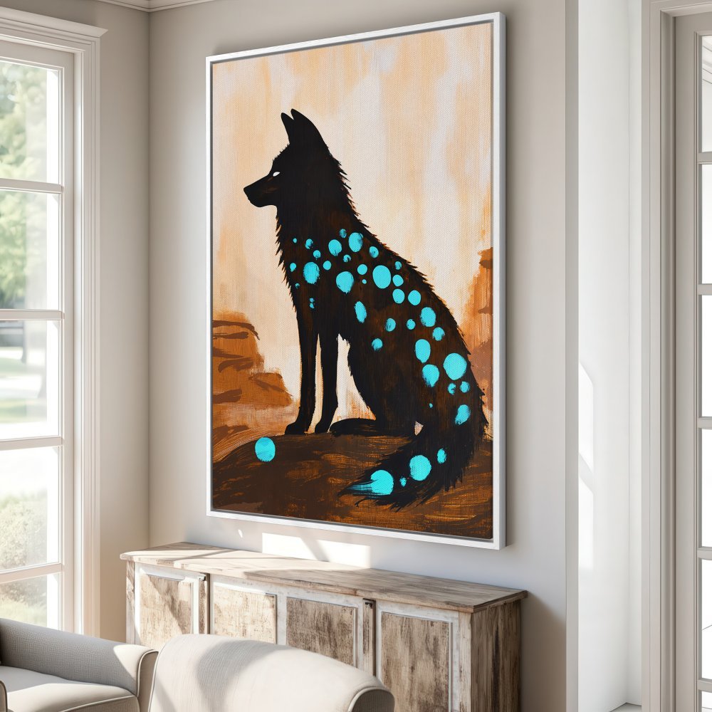 Framed Wall Art: Abstract fox art in black and teal. Modern canvas print with warm earth tones. Perfect for living room decor.