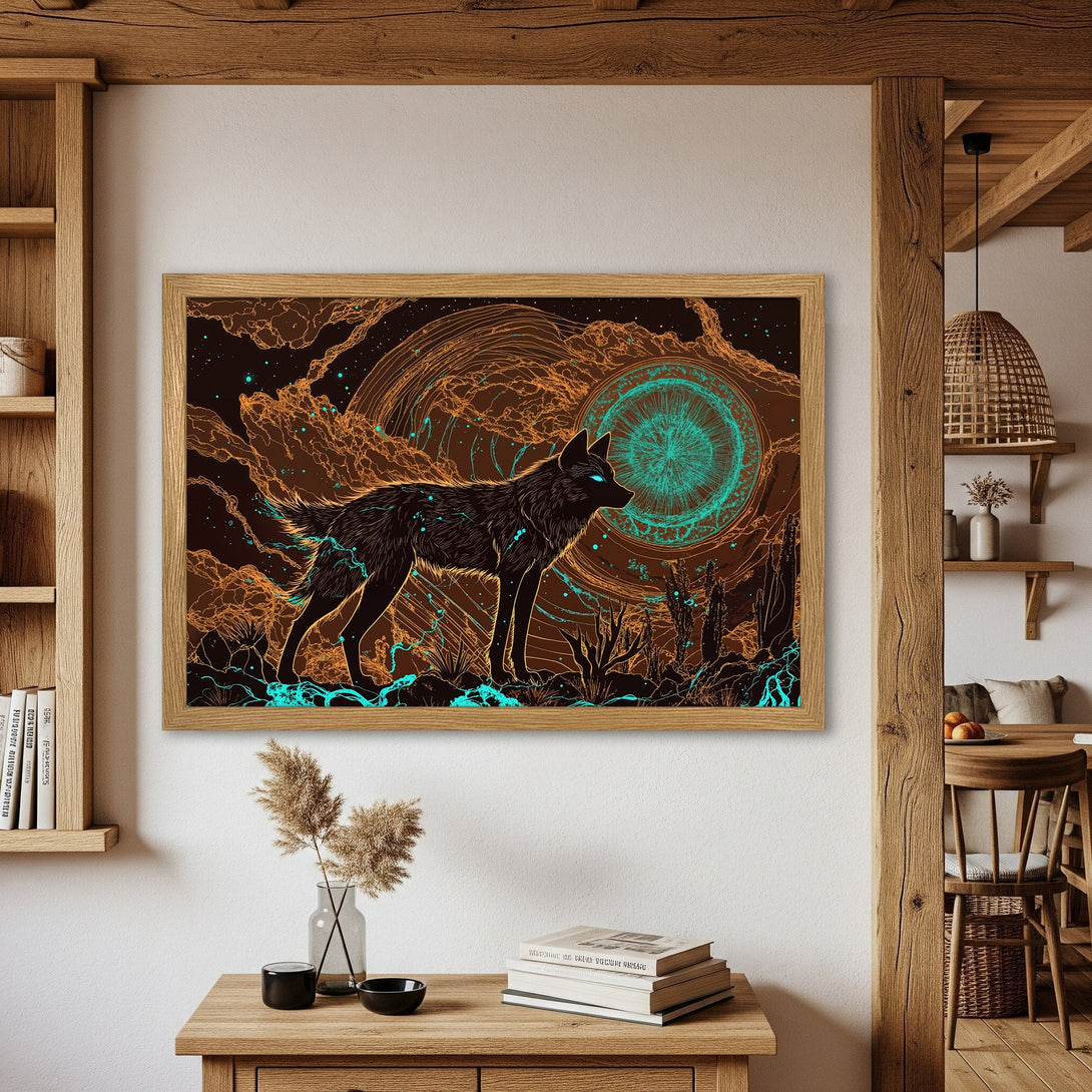 Framed Poster featuring a wolf in an abstract style with a brown and teal color palette, perfect wall art for your home.