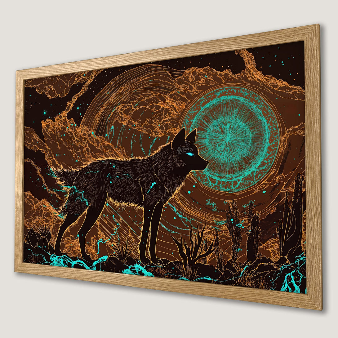 Framed Poster featuring a mystical wolf in a desert landscape. Stylish illustration with brown, orange, and teal color palette. Perfect wall art!