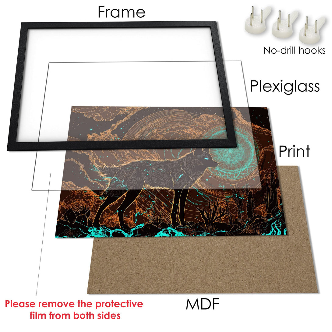 Framed Poster featuring a wolf in a mystical style. Earthy tones with teal accents create a captivating artwork. Elevate your space!