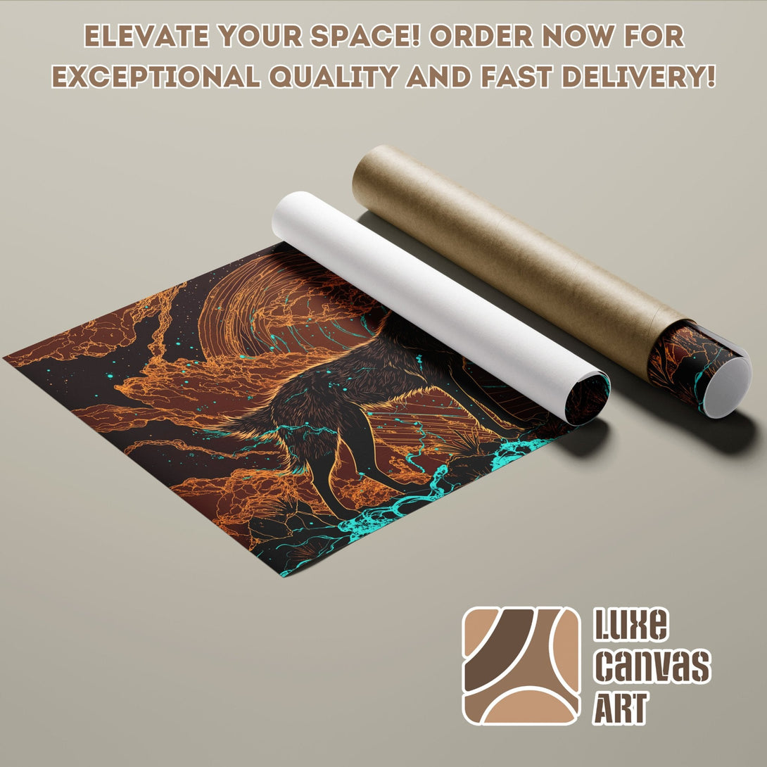 Abstract wolf art Poster Roll in brown, orange, and teal. Elevate your space!
