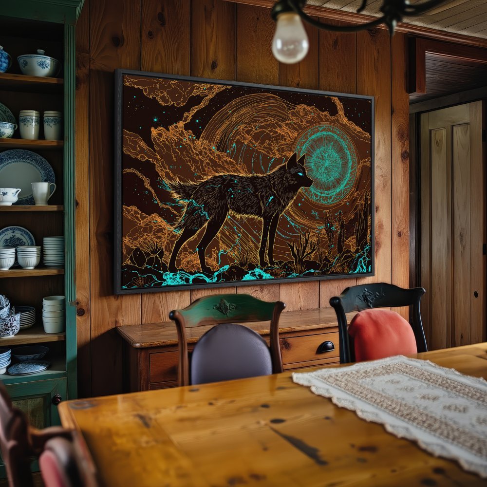 Framed Wall Art featuring a mystical wolf in a brown, teal, and orange color palette. Perfect for adding a touch of magic to your home.