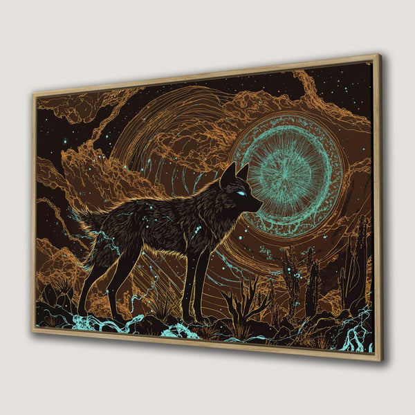 Framed Wall Art featuring a stylized wolf in a desert landscape. Bronze, teal, and black color palette. Add a touch of mystique to your space!