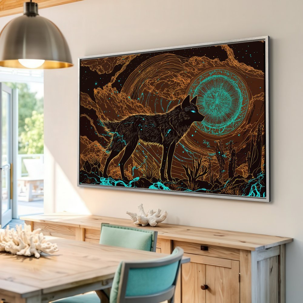 Framed Wall Art: Mystical wolf art print in brown, teal, and gold. Transform your space with this unique canvas print!