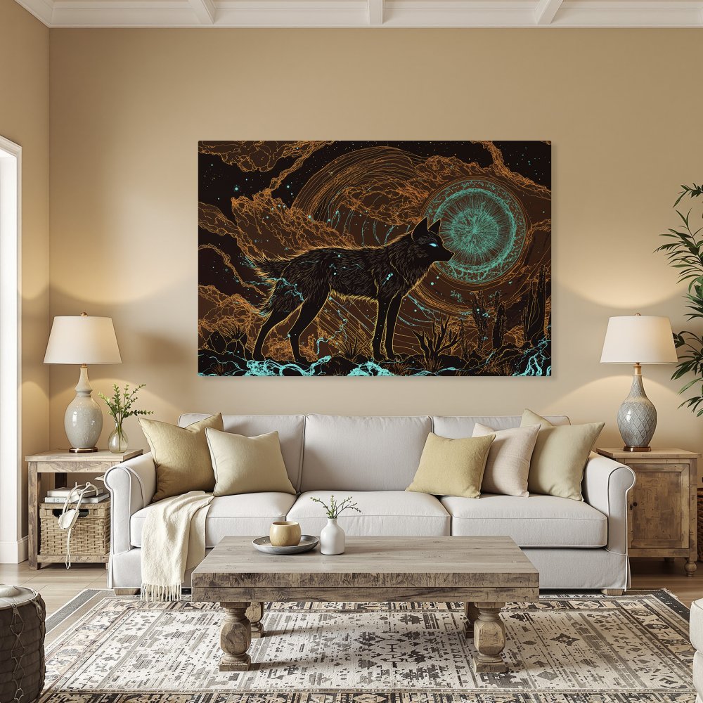 Framed Wall Art: Mystical wolf canvas print with teal & gold accents. Modern art for your home. Shop now!