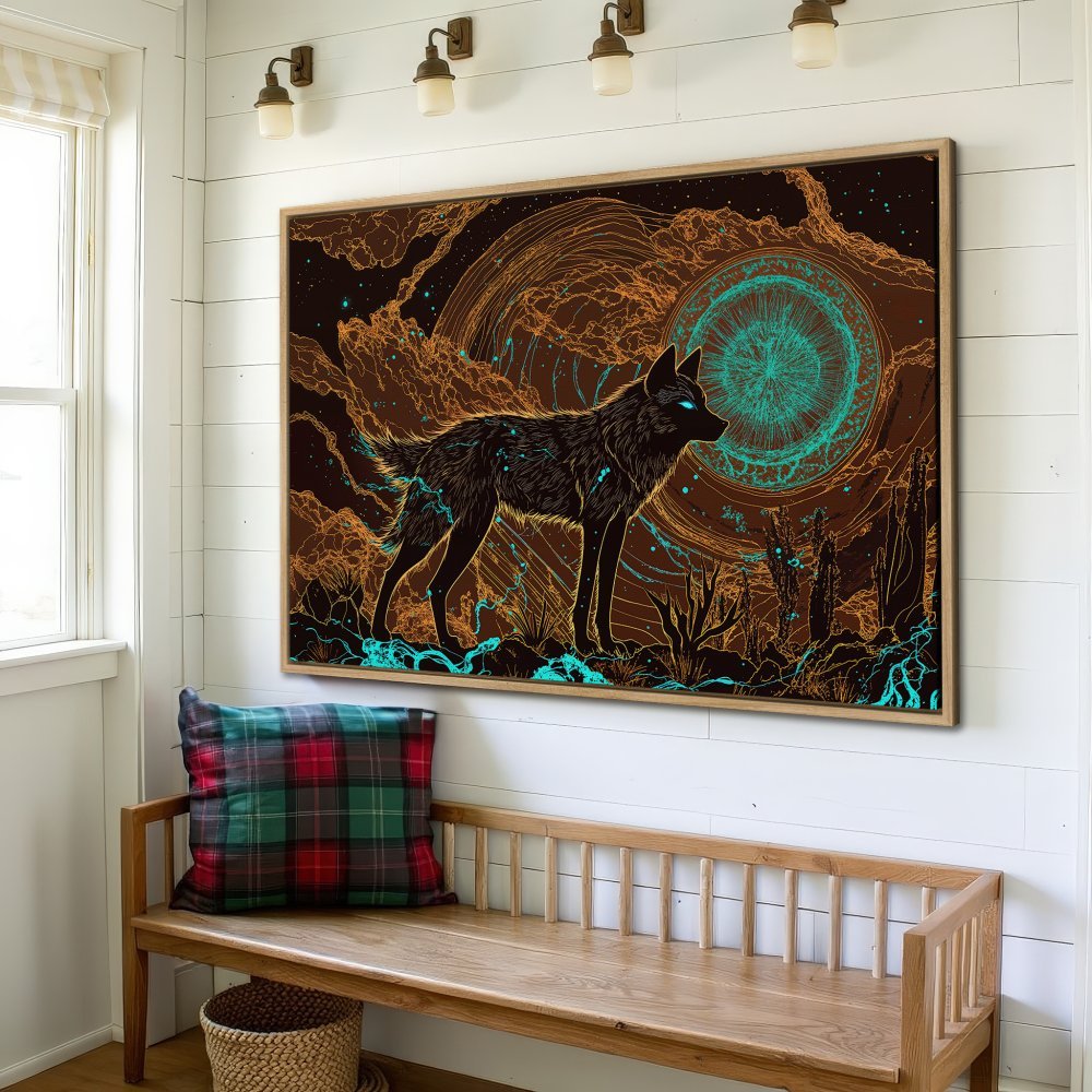 Framed Wall Art: Mystical wolf art print in brown, teal, and gold. Modern, unique canvas print for home decor.